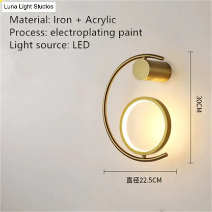 Modern gold luxury creative led c-shaped bedside wall sconce with circular light and iron-acrylic construction