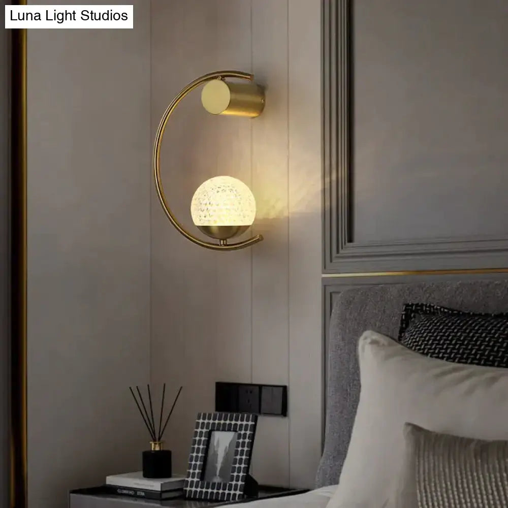 Modern gold luxury creative led crescent wall sconce with textured frosted glass globe for bedside lighting