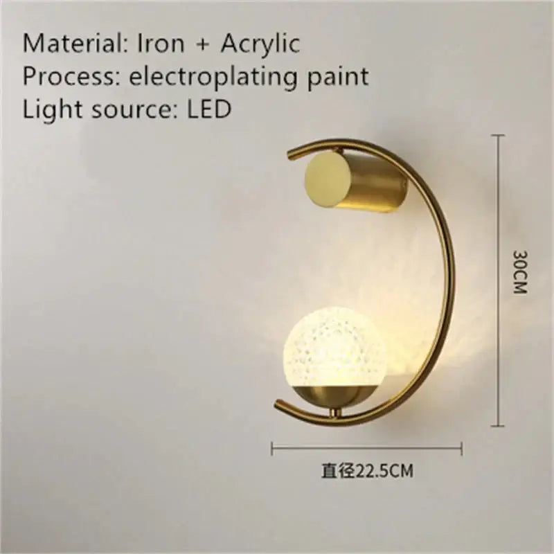 Modern gold luxury creative led bedside wall sconce with crescent shape frosted acrylic globe and led light source