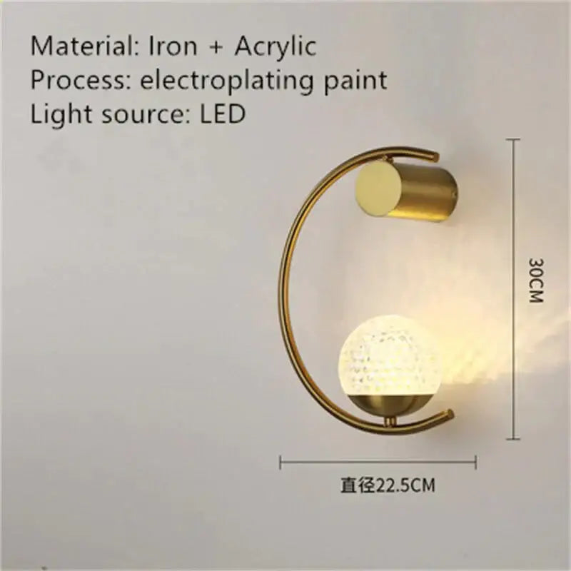 Modern gold luxury creative led bedside wall lamp with curved iron frame and acrylic globe diffuser for bedroom use