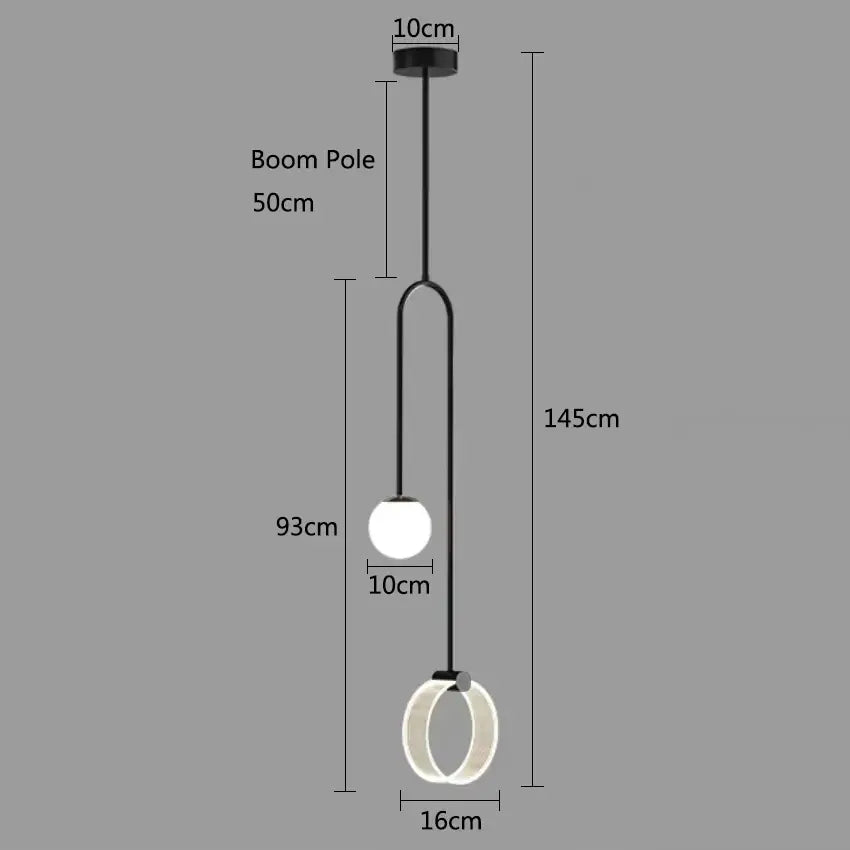 Black modern pendant light with spherical bulb and illuminated ring designed for decorbites gold luxury led bedroom decor