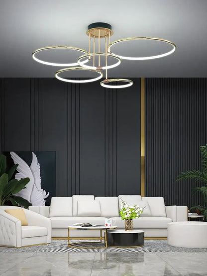 Modern gold luxury ring pendant chandelier with concentric LED rings and brass fixture for dining room decorbites gold luxury