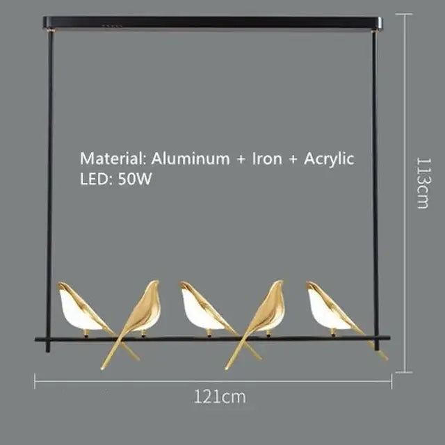 Modern gold magpie bird ceiling chandelier with black frame, five golden bird figurines, aluminum, iron, and acrylic decorbites gold magpie