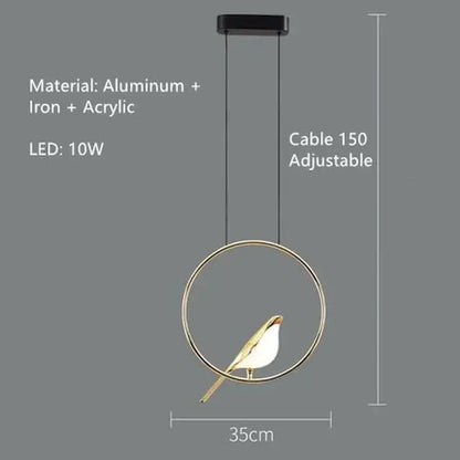 Modern gold magpie bird led chandelier dining room pendant light with circular aluminum iron frame and acrylic accents