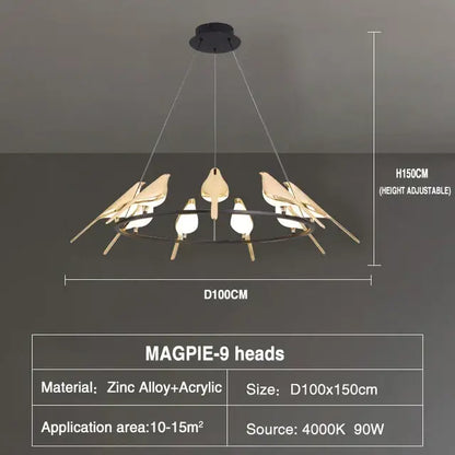 Modern gold magpie bird led ring chandelier with nine golden birds on zinc alloy frame for dining room decorbites gold magpie