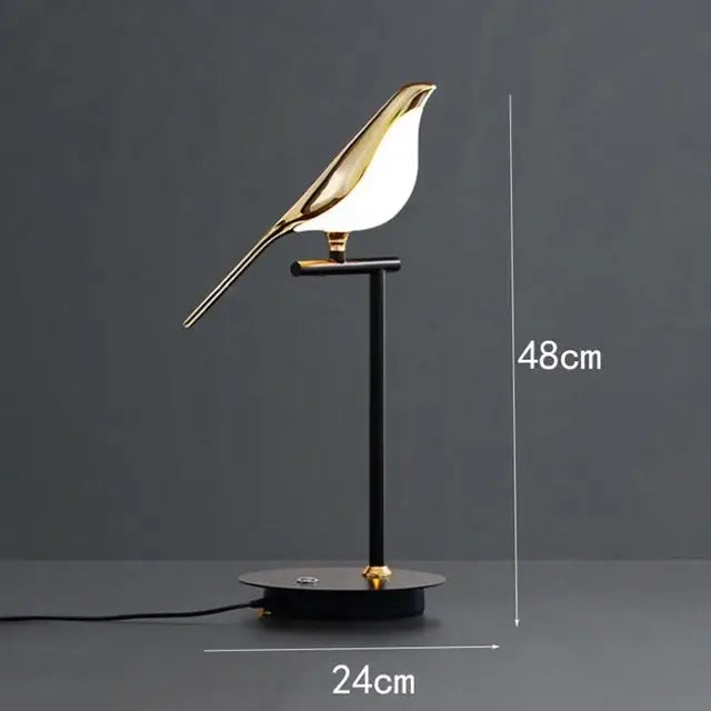 Modern gold magpie bird LED ring chandelier with gold-toned magpie bird table lamp and black metal stand decorbites gold magpie