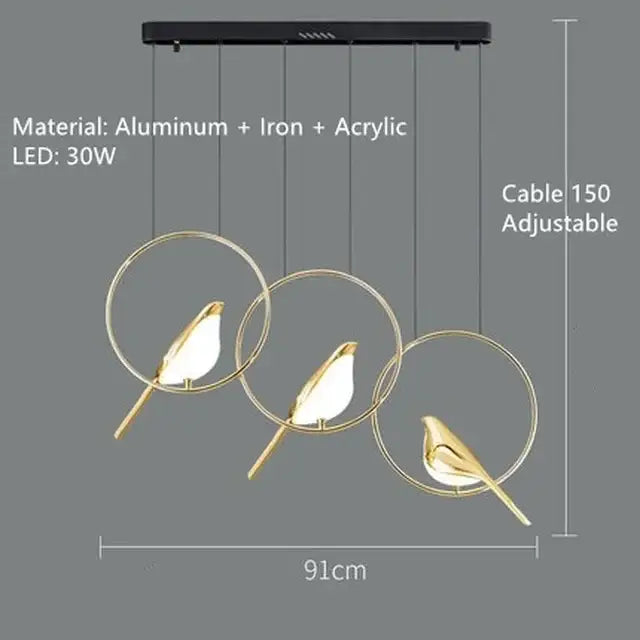 Modern gold magpie bird led ring chandelier with three circular rings and black mounting bar for dining room decorbites gold magpie