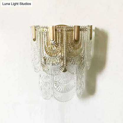 Clear faceted glass chandelier with gold metal accents and cascading fan design for modern 110v-120v wall light decor