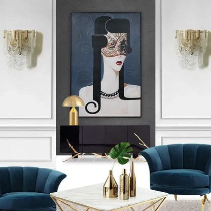 Modern gold mask canvas wall art featuring a black and white woman with gold mask on deep blue background for 110v-120v wall light