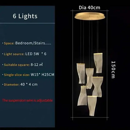 Modern gold mesh duplex building chandelier with six translucent fabric shades suspended from circular mount