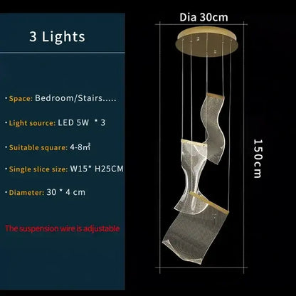 Modern gold mesh duplex building chandelier with three cascading translucent shades suspended from circular mount
