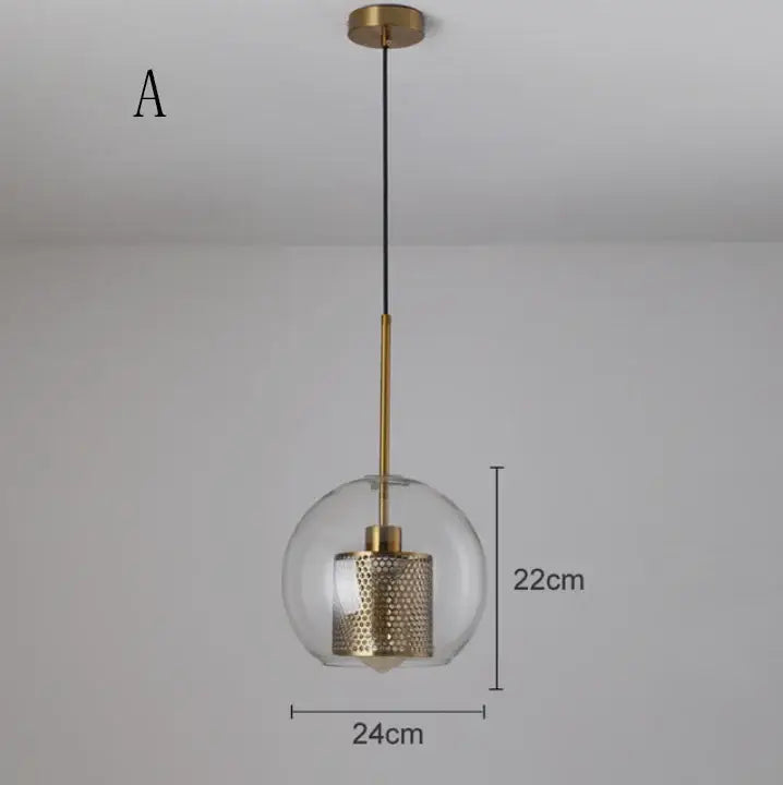 Modern gold mesh glass ball pendant light with clear glass globe and perforated metal cylinder for kitchen decorbites pendant light