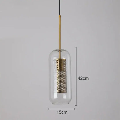 Modern gold mesh glass pendant light with clear glass dome and brass perforated shade suspended by gold rod