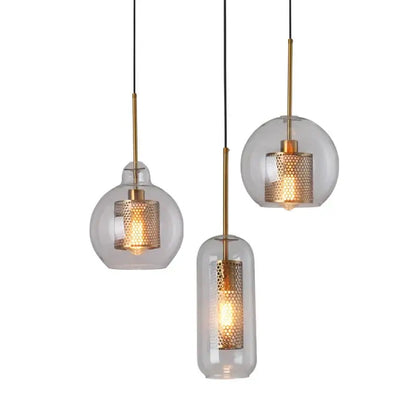 Three modern pendant lights with clear glass shades and gold mesh glass honeycomb fixtures for kitchen decorbites gold mesh