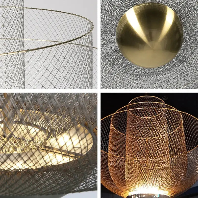 Modern gold mesh grid ceiling chandelier featuring a cylindrical woven wire mesh and polished brass dome for dining room decorbites gold mesh