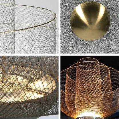Modern gold mesh grid ceiling chandelier featuring a cylindrical woven wire mesh and polished brass dome for dining room decorbites gold mesh