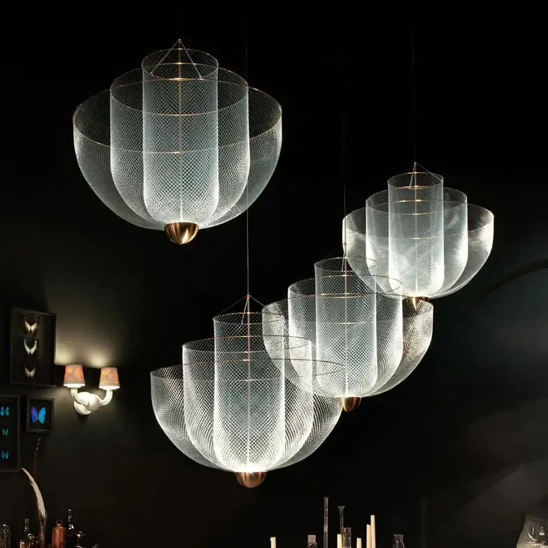 Elegant modern gold mesh grid ceiling chandelier with transparent mesh and gold-toned base for dining room decorbites gold mesh