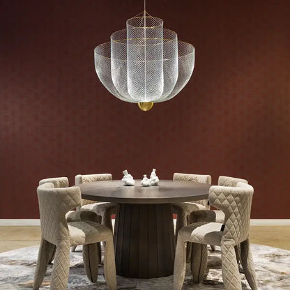 A modern gold mesh grid ceiling chandelier with multi-tiered delicate mesh design and gold-toned accents for dining decorbites gold mesh