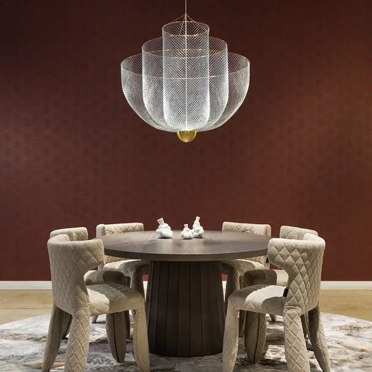 A modern gold mesh grid ceiling chandelier with multi-tiered delicate mesh design and gold-toned accents for dining decorbites gold mesh