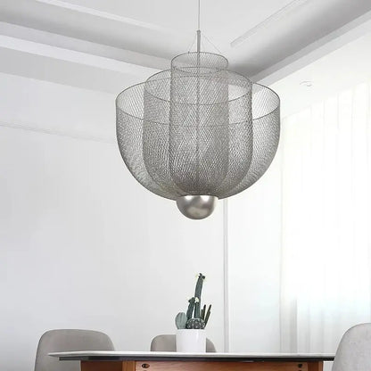 A modern tiered pendant light with decorbites gold mesh grid design and polished silver base for mesh grid ceiling decor