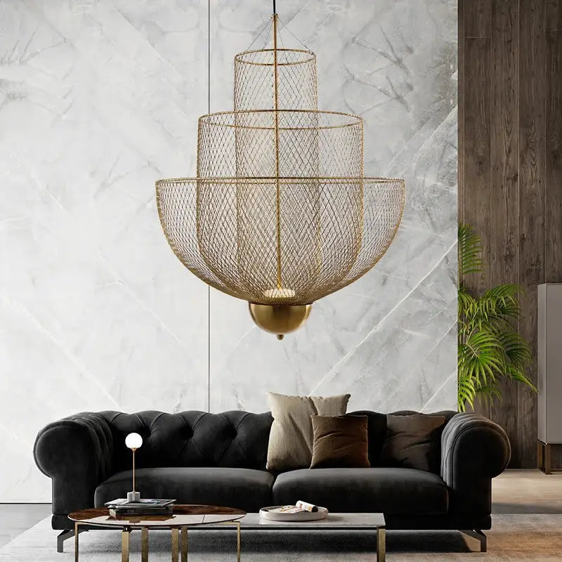 Modern gold mesh grid ceiling chandelier with gold-toned tiered mesh and brass base for dining room decorbites gold mesh