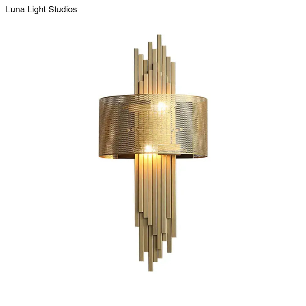 Modern gold mesh sconce lamp wall lamp with cylindrical mesh shade and vertical rod accents for living room 220v-240v 110v-120v