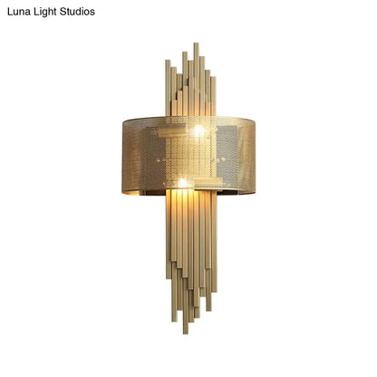 Modern gold mesh sconce lamp wall lamp with cylindrical mesh shade and vertical rod accents for living room 220v-240v 110v-120v
