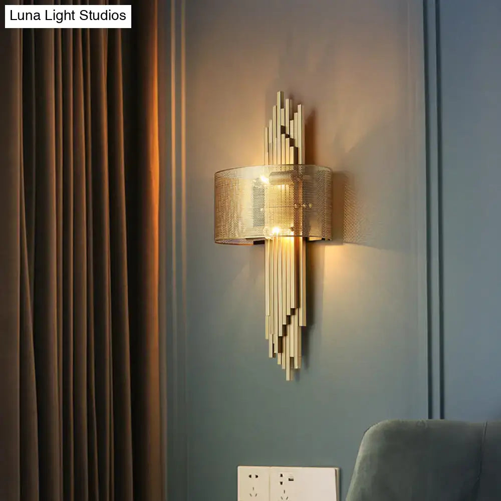 Modern gold mesh sconce lamp with cylindrical shade and vertical rods wall lamp suitable for 220v-240v 110v-120v use