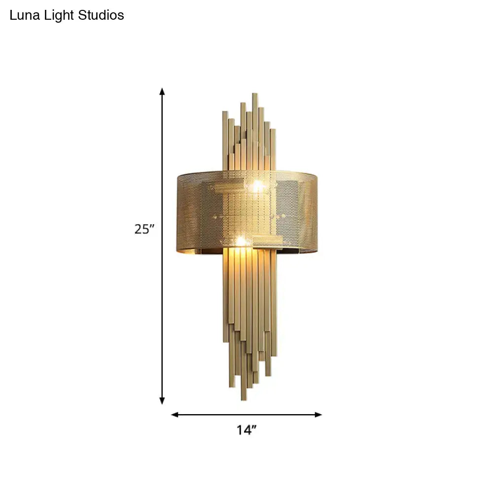 Modern gold mesh sconce lamp wall lamp with cylindrical mesh shade and vertical rod accents for living room 220v-240v 110v-120v