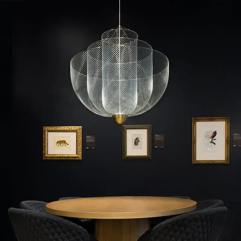 A modern gold mesh tiered pendant light with a gold-toned base dimmable led chandelier for dining rooms