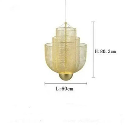 Modern gold mesh tiered dimmable led chandelier pendant light with cylindrical layers and rounded base for dining room
