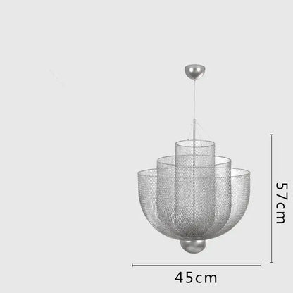 Modern silver mesh tiered dimmable led chandelier pendant light with petal layers and sleek spherical accents for dining room