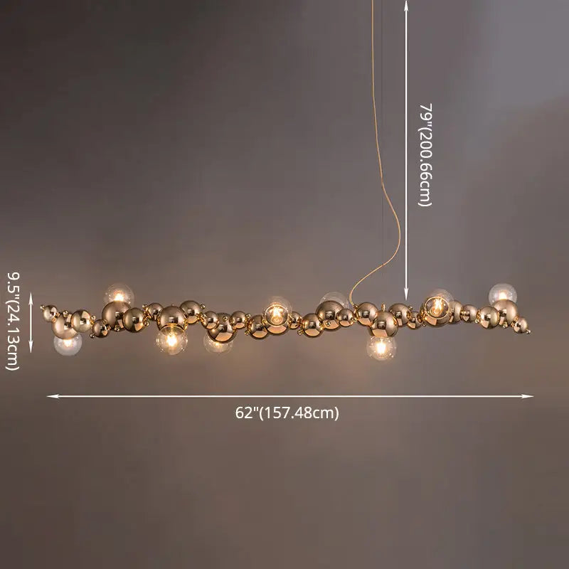 Modern gold metal arched ceiling light for dining room with six glowing bulbs and reflective spherical orbs design