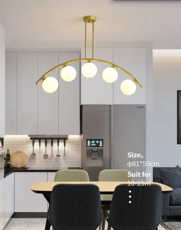 Modern gold metal arched ceiling light with five frosted glass bulbs for dining room lighting