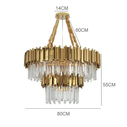 Modern gold metal crystal chandelier with two tiers of vertical brass bars and cascading clear prisms for dining room decorbites gold metal