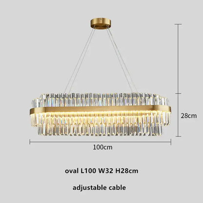 Modern gold metal crystal pendant light with gold-toned oval chandelier and clear crystal prisms for dining room decorbites