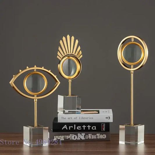 Modern gold metal eye magnifying glass with glass base featuring decorbites golden metal mirrors for living room decor