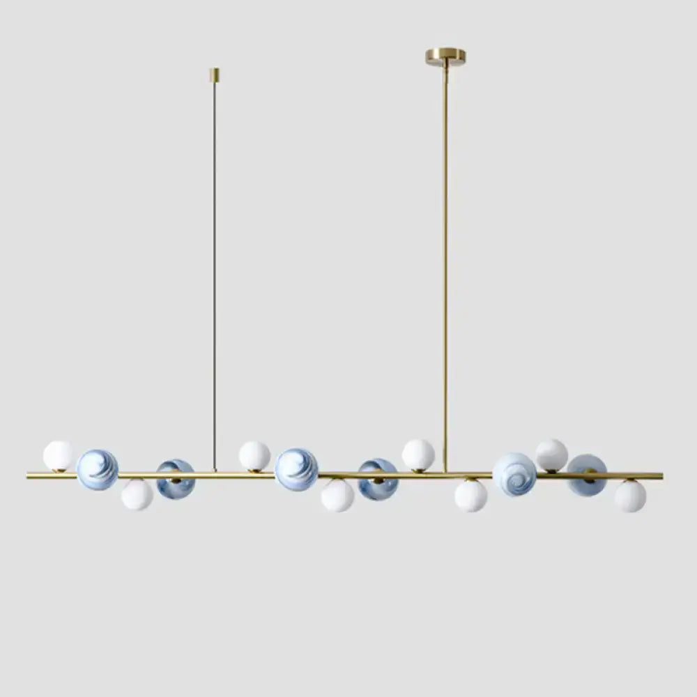 Modern gold metal glass globe chandelier with brass pendant and white blue marbled spheres for dining table chain cord length
