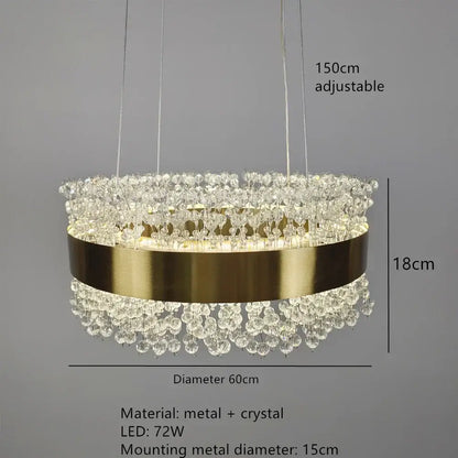 Modern gold metal led chandelier with circular design gold-toned metal and cascading clear crystal droplets for dining room decorbites gold metal