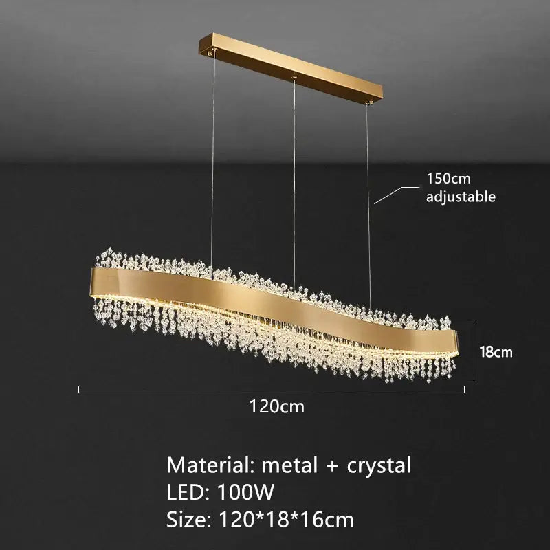 Modern gold metal led chandelier with sleek curved frame and cascading clear crystals for dining room decorbites gold metal
