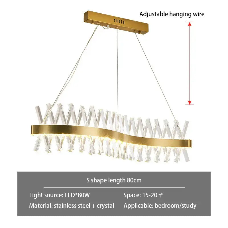 Modern gold metal s shape led pendant lamp with clear crystal elements and stainless steel frame for luxury decorbites living room