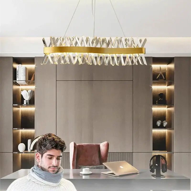 Modern gold metal s shape led pendant lamp with geometric crystal decorbites gold metal design for luxury living room
