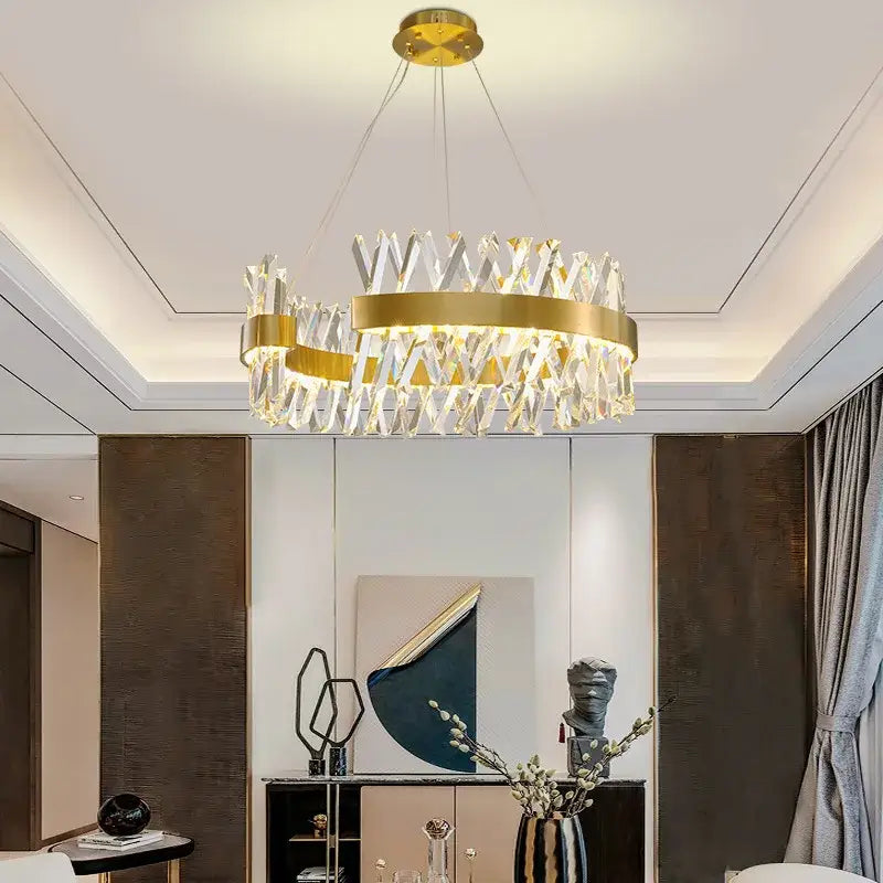 Modern gold metal s shape led pendant lamp with geometric clear crystal elements for luxury living room decorbites pendant lamp