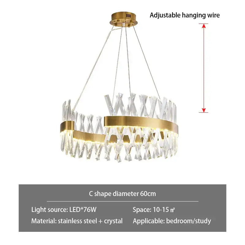 Modern gold metal s shape led pendant lamp with gold-toned circular chandelier and crystal stainless steel accents for luxury decorbites living room