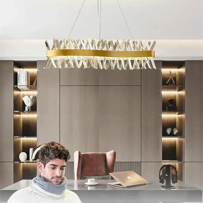 Modern gold metal s shape lustre led pendant lamp with geometric gold-toned frame and clear crystal decorbites gold metal elements