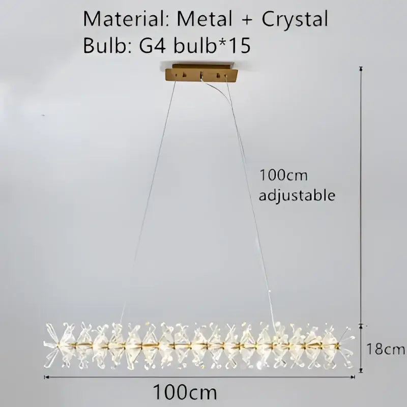 A modern 100cm gold metal wire rectangular chandelier with crystal accents for dining room lighting