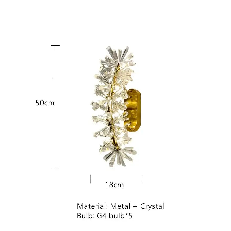 Modern gold metal wire wall light fixture with gold metal base and floral clear crystal design for dining room lighting