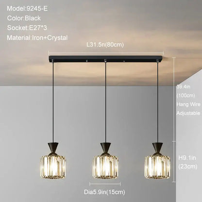 Modern gold mini crystal pendant light with black iron frame and three hanging cylindrical mini crystal pendant shades