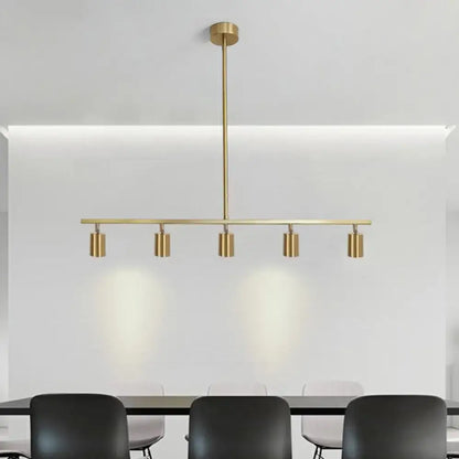 Modern brass pendant light with five cylindrical spotlights and a minimalist adjustable led tube shade for dining rooms