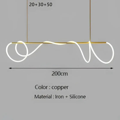 Copper-colored modern pendant light with a sleek wavy iron and silicone design for decorbites gold minimalist led decor